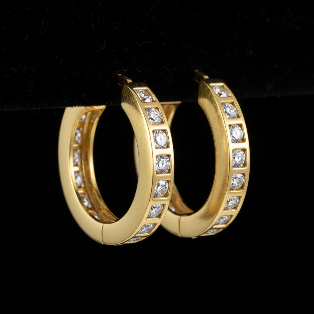 Large gold hoop earrings with brilliant cut diamond accents