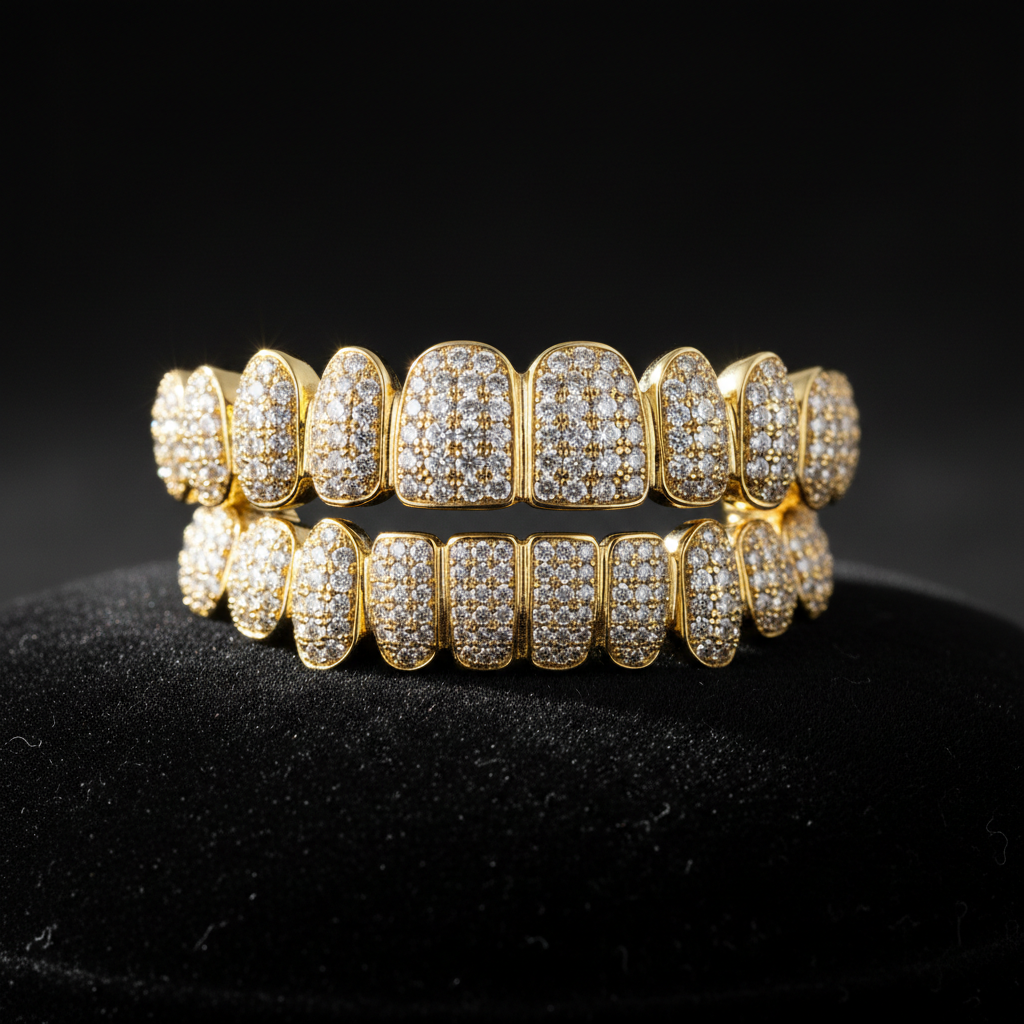 Diamond grillz set in solid gold with brilliant cut diamonds