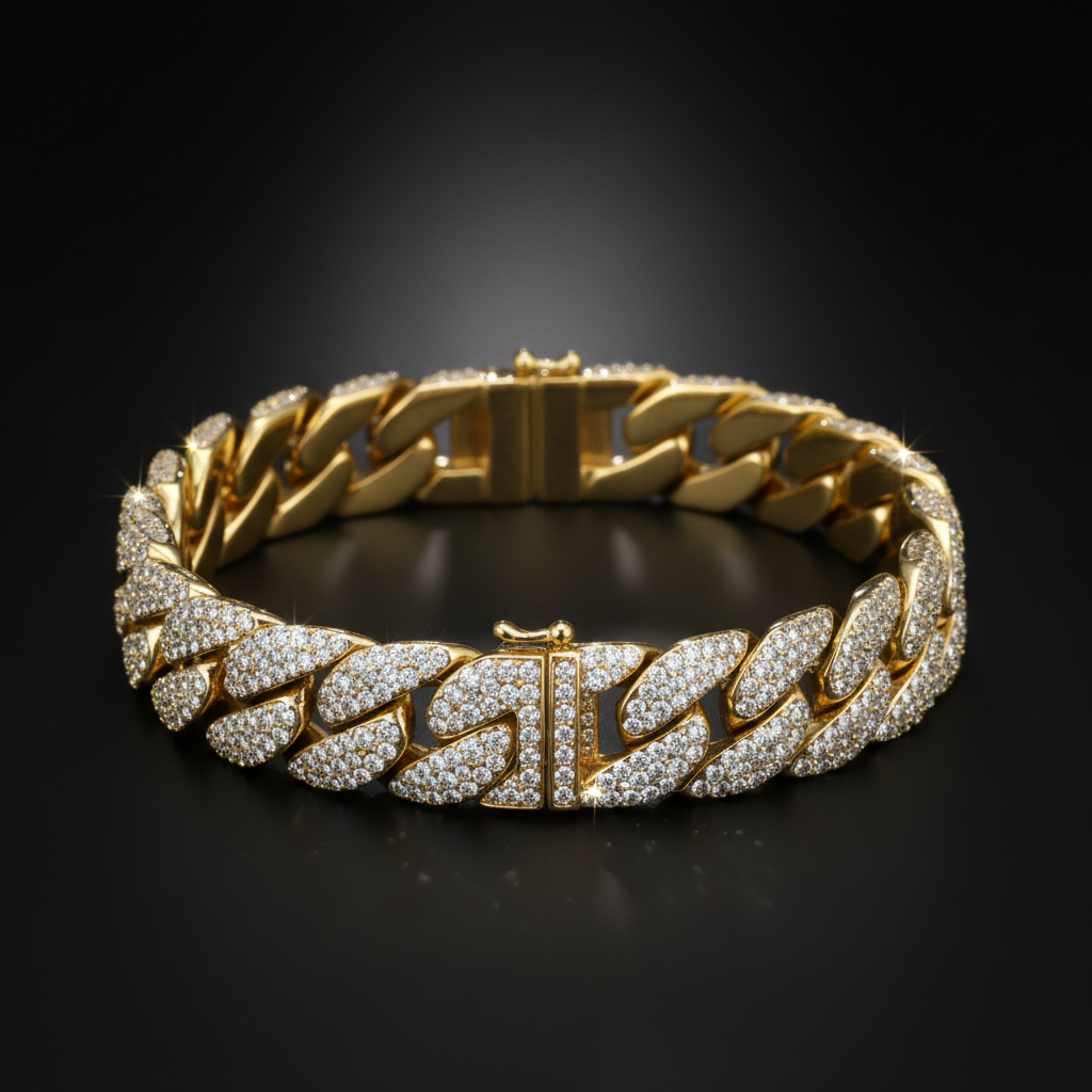 Diamond Cuban Link Bracelet in solid gold with iced out diamonds
