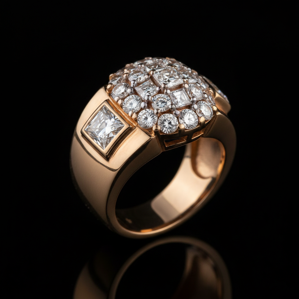 Gold pinky ring with diamond cluster setting