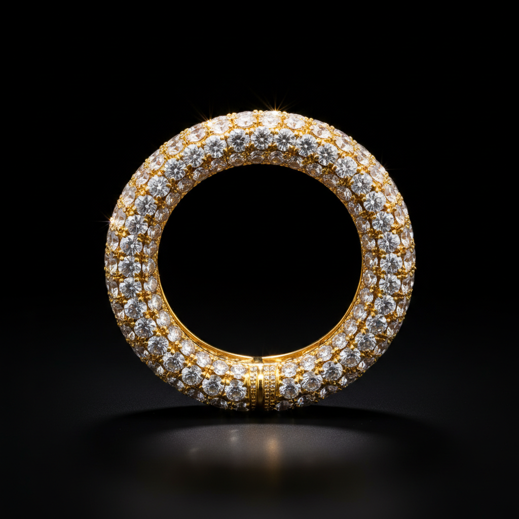 Iced out gold diamond bangle fully set with brilliant cut diamonds