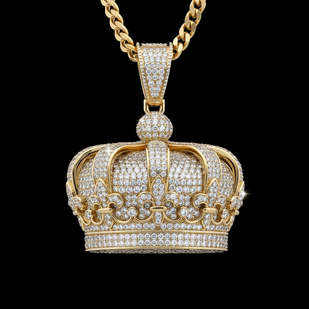 Iced out gold crown pendant fully set with brilliant cut diamonds
